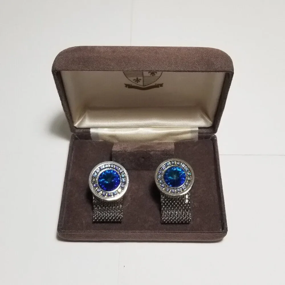 Vintage Rivoli Blue and Aurora Rhinestones Cufflinks Set - Picture 1 of 6